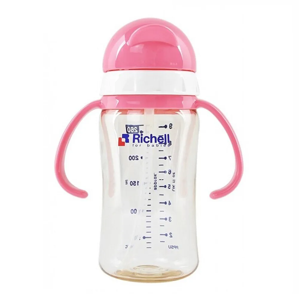 【Richell 利其爾】官方授權_ PPSU吸管哺乳瓶 260ML - 粉(也可當水杯使用)