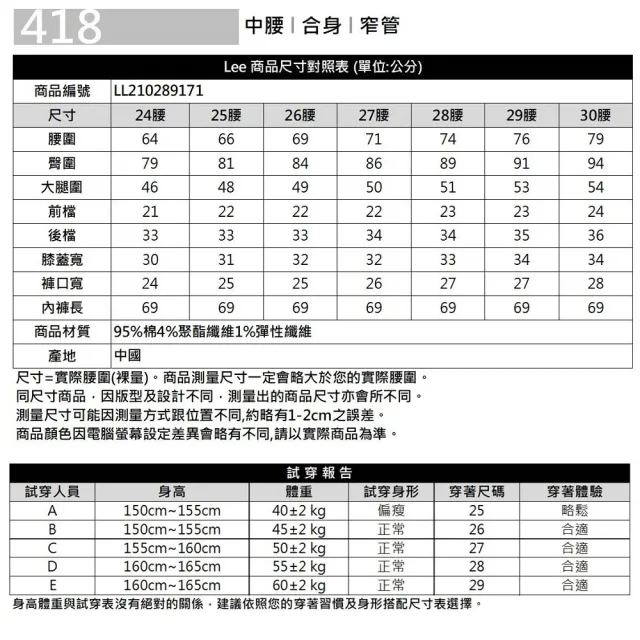 【Lee 官方旗艦】女裝 牛仔褲 / 418 中腰合身窄管 淺藍洗水 / 101+ 系列(LL210289171)