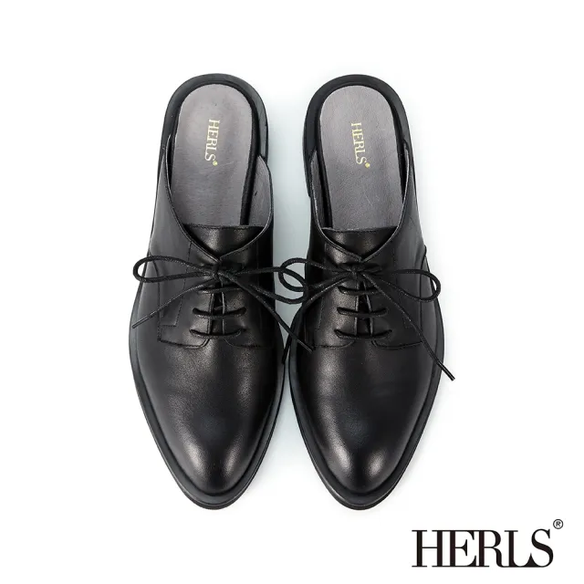 【HERLS】穆勒鞋-全真皮綁帶尖頭德比牛津穆勒鞋(黑色)