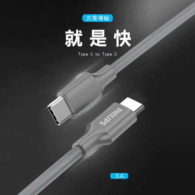 【Philips 飛利浦】Type C to Type C 200cm 手機充電線-灰(DLC4556C)