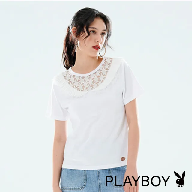 【PLAYBOY】胸前蕾絲鏤空T恤(白色)
