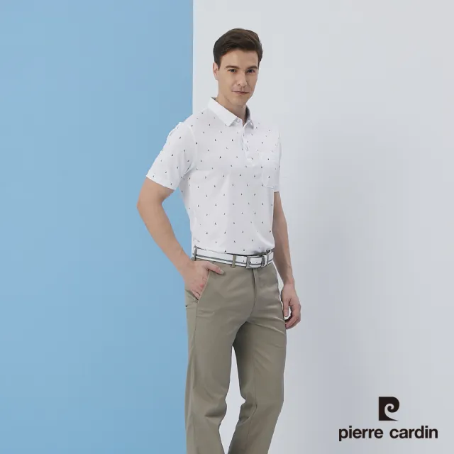 【pierre cardin 皮爾卡登】商務休閒 男款 吸濕排汗緹花布加印花短袖Polo衫-白色(5217204-90)