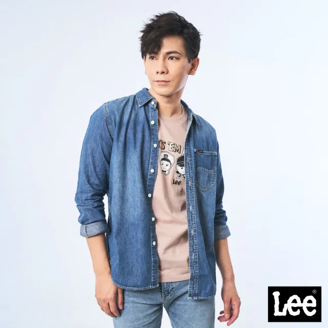 【Lee 官方旗艦】男裝 牛仔長袖襯衫 / 經典百搭 中藍洗水 標準版型(LL210221308)