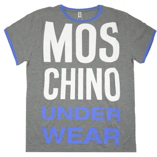 【MOSCHINO】品牌英文LOGO寬版個性棉短T恤(灰/藍邊)