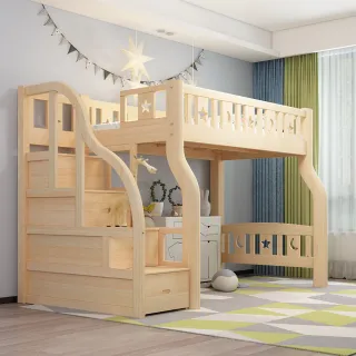 【HABABY】兒童高架床 上漆階梯款-加大單人尺寸+5公分乳膠(架高床、加大單人床架、上漆版、含床墊套組)
