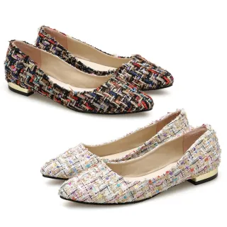 【baibeauty 白鳥麗子】MIT小香風毛呢拼色金屬尖頭包鞋(平底鞋)