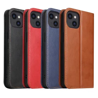 【Fierre Shann】iPhone 13 mini 5.4吋 磁吸側掀真皮紋手工PU皮套