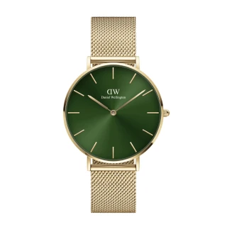 【Daniel Wellington】DW 手錶  Petite Emerald 36mm幻彩森林綠米蘭金屬錶-香檳金框(DW00100481)