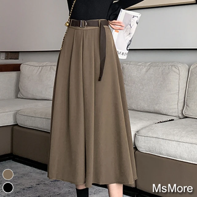【MsMore】日式配腰帶高腰顯瘦復古傘裙#110574現貨+預購(2色)
