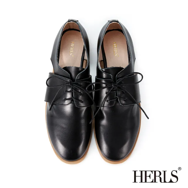 【HERLS】牛津鞋-柔軟全真皮側鏤空圓頭德比牛津鞋(黑色)