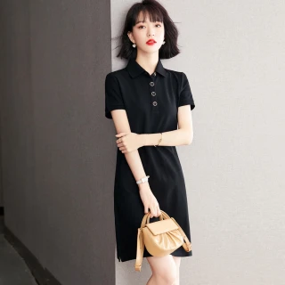 【沐朵】玩美衣櫃簡單舒適黑色T恤顯瘦連衣裙S-2XL