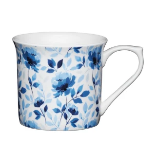 【KitchenCraft】單柄骨瓷馬克杯 藍玫瑰300ml(水杯 茶杯 咖啡杯)