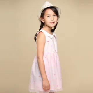 【Azio Kids 美國派】女童  洋裝 白色圓領滿版彩色點點無袖網紗洋裝(粉)