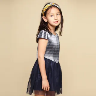 【Azio Kids 美國派】女童  洋裝 蝴蝶結貼鑽橫條紋網紗短袖洋裝(藍)