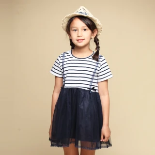 【Azio Kids 美國派】女童  洋裝 蕾絲造型肩帶橫條紋網紗短袖洋裝(藍)