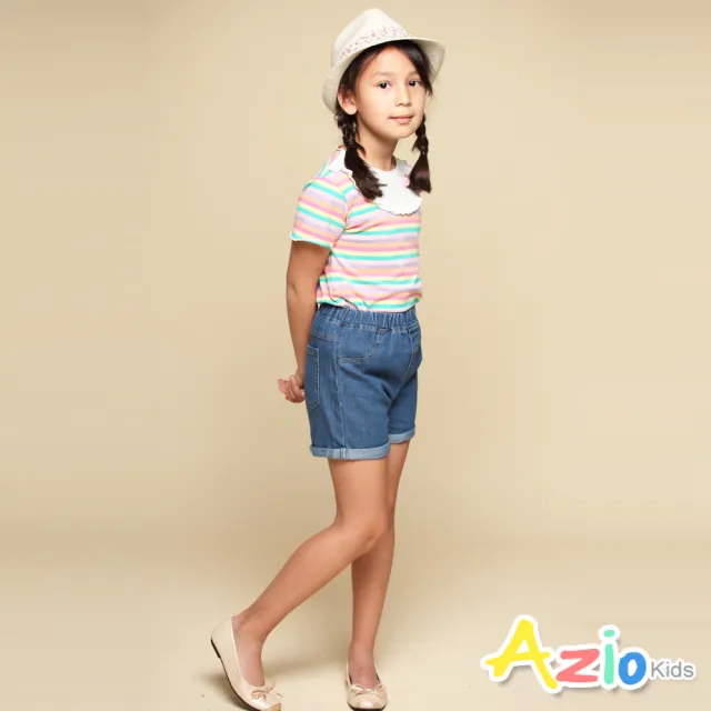 【Azio Kids 美國派】女童 短褲 褲腳反摺後口袋配色牛仔短褲(藍)