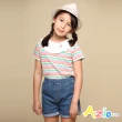 【Azio Kids 美國派】女童 短褲 褲腳反摺後口袋配色牛仔短褲(藍)