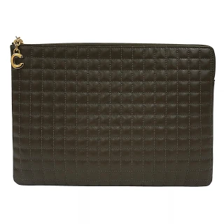 【CELINE】CELINE金字LOGO絎縫格紋設計牛皮2卡拉鍊手拿包(深卡其)