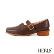 【HERLS】低跟鞋-復古全真皮橫帶鏤空方頭低跟鞋(深棕色)
