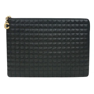 【CELINE】CELINE金字LOGO絎縫格紋設計牛皮2卡拉鍊手拿包(黑)