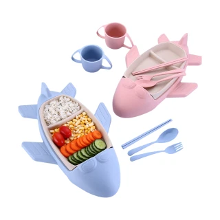 創意 小麥纖維 飛機造型 兒童餐具套組 分格餐盤 叉子 湯匙 杯子(造型餐盤 分格餐盤 餐具套組)