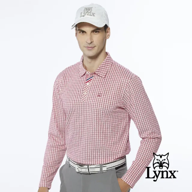 【Lynx Golf】男款吸排防菌多功能經典格紋款Lynx植絨設計長袖POLO衫/高爾夫球衫(紅色)