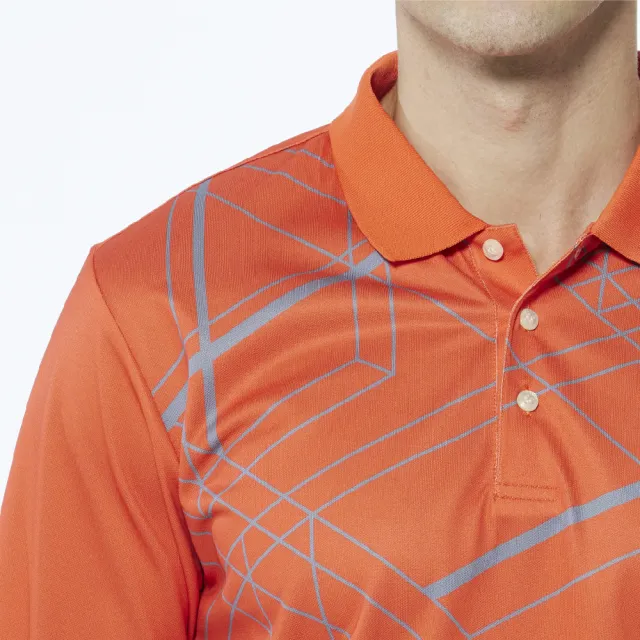 【Lynx Golf】男款吸濕排汗網眼材質線條設計山貓繡花長袖POLO衫/高爾夫球衫(橘色)
