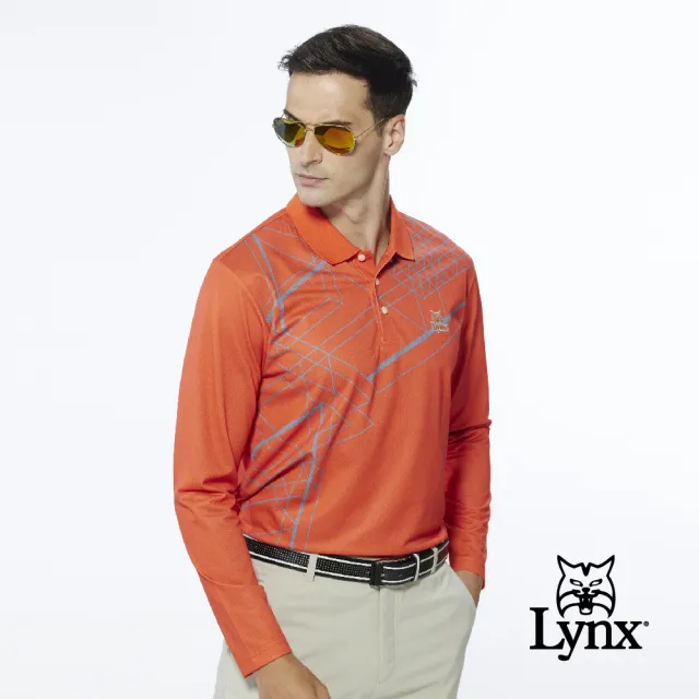 【Lynx Golf】男款吸濕排汗網眼材質線條設計山貓繡花長袖POLO衫/高爾夫球衫(橘色)