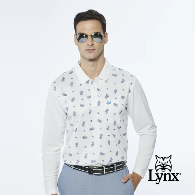 【Lynx Golf】男款滿版高爾夫球印花山貓Logo胸袋款長袖POLO衫/高爾夫球衫(白色)