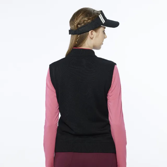 【Lynx Golf】女款保暖羊毛混紡彩色文字緹花領緣配色無袖立領背心(黑色)
