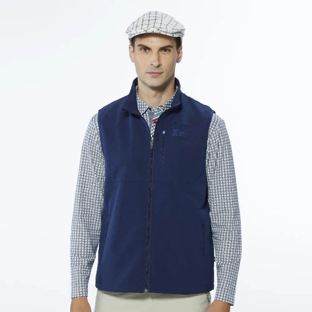 【Lynx Golf】男款防潑水功能拉鍊胸袋款夾標設計無袖背心(深藍色)