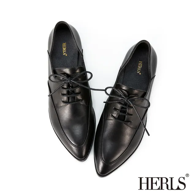 【HERLS】牛津鞋-時髦全真皮側V尖頭德比鞋牛津鞋(黑色)