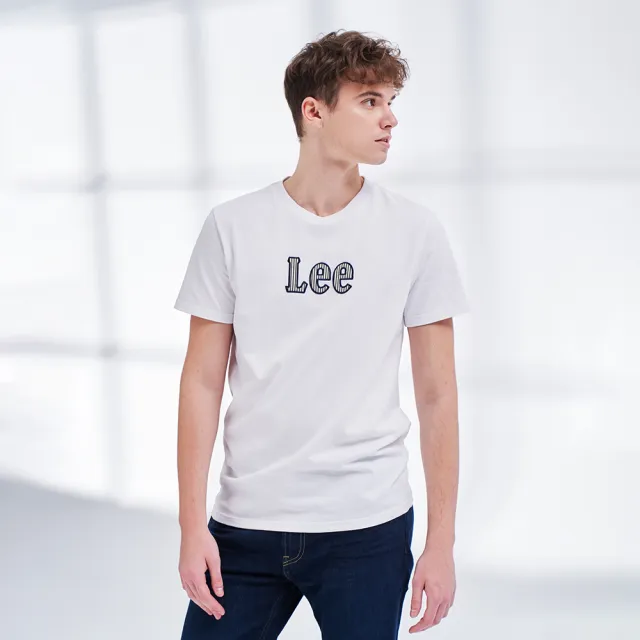【Lee 官方旗艦】男裝 短袖T恤 / 直條設計 大LOGO 經典白 標準版型(LL210075K14)