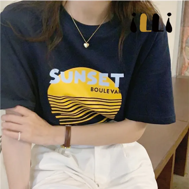 【illi】韓國製造 圓領深藍色短袖棉T恤 上衣