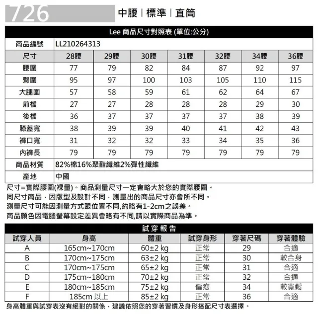 【Lee 官方旗艦】男裝 牛仔褲 / 726 中腰標準直筒 淺藍洗水(LL210264313)