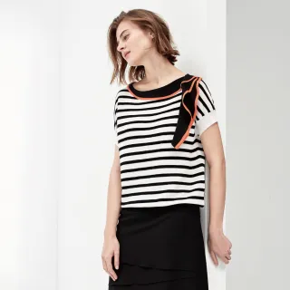 【MYSHEROS 蜜雪兒】針織上衣 條紋撞色 假領巾造型(黑)