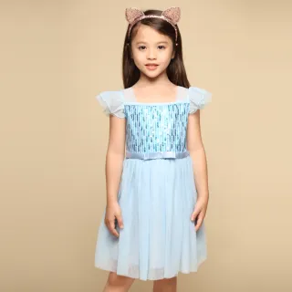 【Azio Kids 美國派】女童 洋裝 亮片緞帶蝴蝶結網紗洋裝(藍)