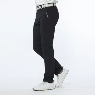【Lynx Golf】男款潑水功能膝蓋剪接彩色LOGO繡花平口窄管休閒長褲(黑色)