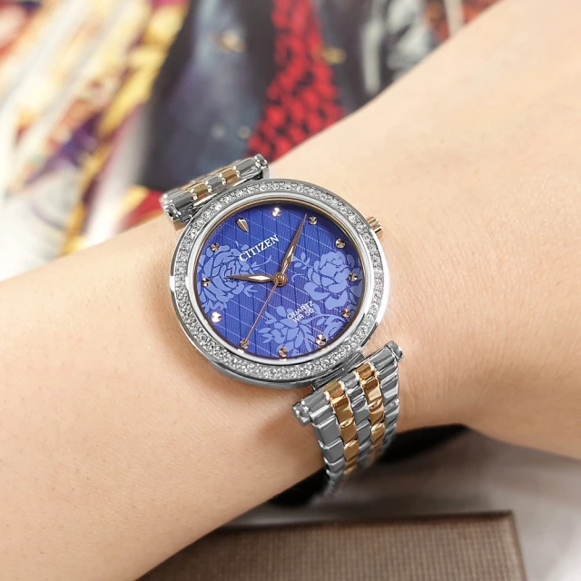 【CITIZEN 星辰】花樣風采 耀眼晶鑽 礦石強化玻璃 不鏽鋼手錶 藍x鍍玫瑰金 30mm(ER0218-53L)