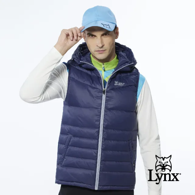 【Lynx Golf】男款保暖羽絨素面款脇邊羅紋設計無袖連帽背心(深藍色)