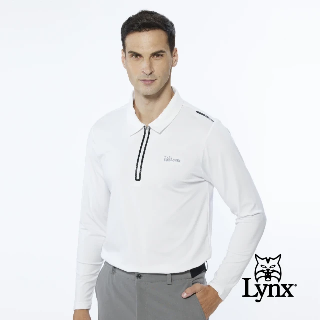 Lynx Golf 男款合身版內刷毛保暖反光貼條後背造型設計長袖立領POLO衫/高爾夫球衫(白色)