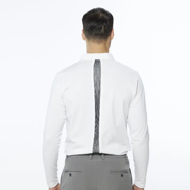 【Lynx Golf】男款合身版內刷毛保暖反光貼條後背造型設計長袖立領POLO衫/高爾夫球衫(白色)