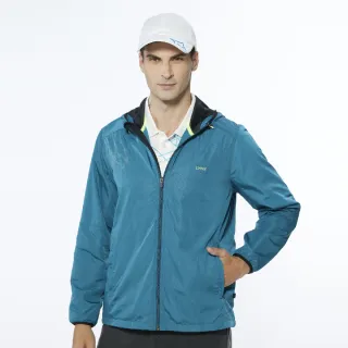 【Lynx Golf】男款保暖防風內刷毛右肩經典大山貓印花長袖連帽外套(藍綠色)