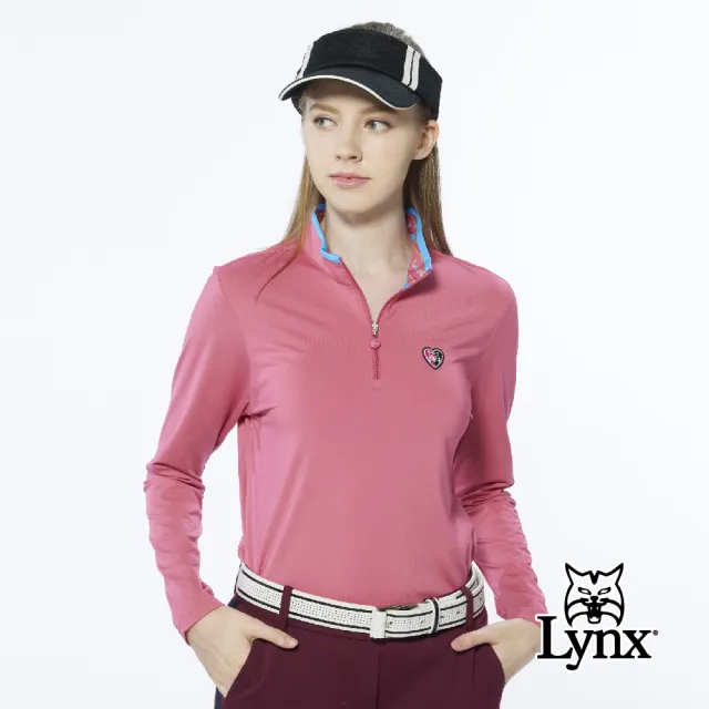 【Lynx Golf】女款遠紅外線保暖內刷毛彩色植絨LOGO長袖立領POLO衫/高爾夫球衫(紅色)