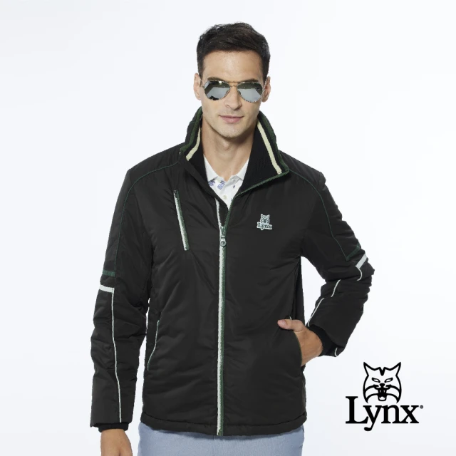 【Lynx Golf】男款保暖防風鋪棉兩袖配色拉線設計胸袋款長袖立領外套(黑色)