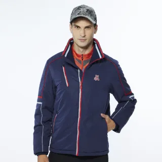 【Lynx Golf】男款保暖防風鋪棉兩袖配色拉線設計胸袋款長袖立領外套(深藍色)
