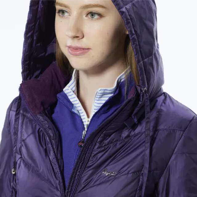 【Lynx Golf】女款長版防風保暖潑水鋪棉款素面壓線長袖可拆式連帽外套(深紫色)