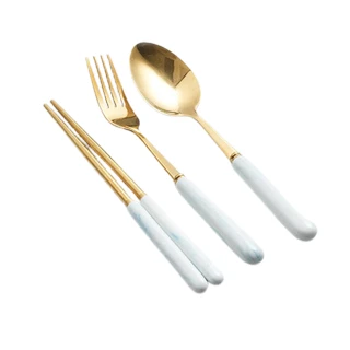 【PS Mall】北歐風大理石餐具三件組 不鏽鋼環保餐具 湯匙 叉子 筷子 餐具套裝(J3003)