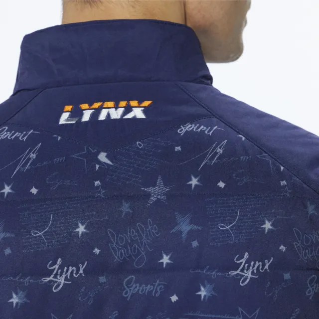 【Lynx Golf】男款吸排功能滿版星空印花鋪棉內刷毛無袖背心(深藍色)