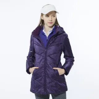 【Lynx Golf】女款長版防風保暖潑水鋪棉款素面壓線長袖可拆式連帽外套(卡其色)